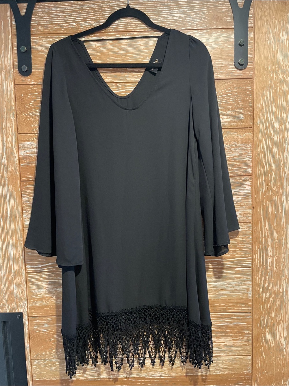 audrey Black V-Neck Tunic with Crochet Fringe Hem